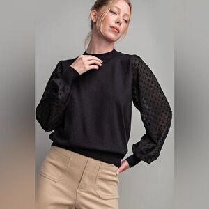 CeCe Black Clip Dot Long Sleeve with Textured Dot Mock Neck Pullover Size XS